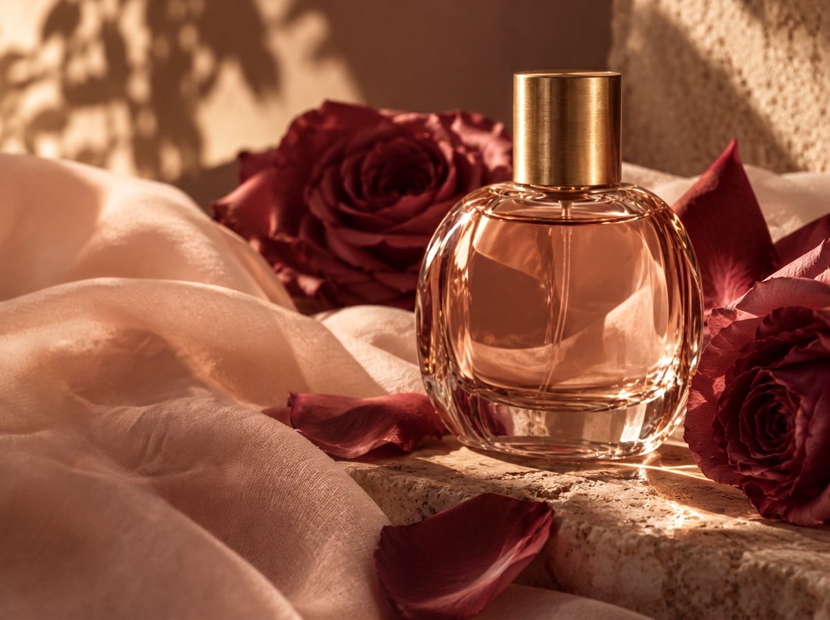 Perfume bottle among burgundy roses in golden light