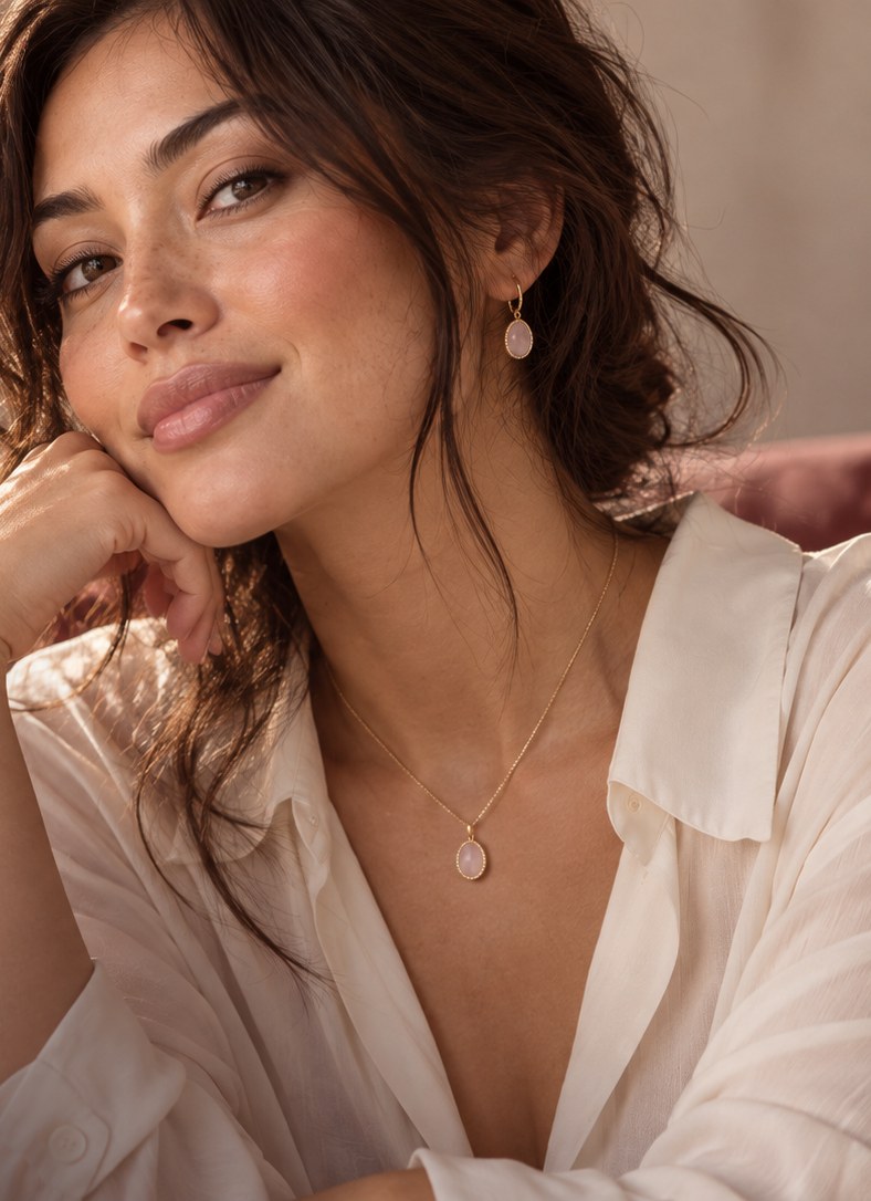 Woman wearing a delicate gold pendant necklace and drop earrings