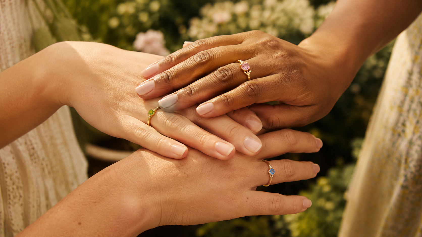 Hands wearing jewelry outdoors