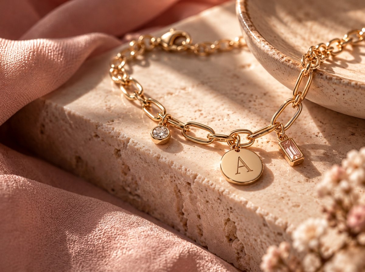 Gold charm bracelet with an initial disc and birthstone charms