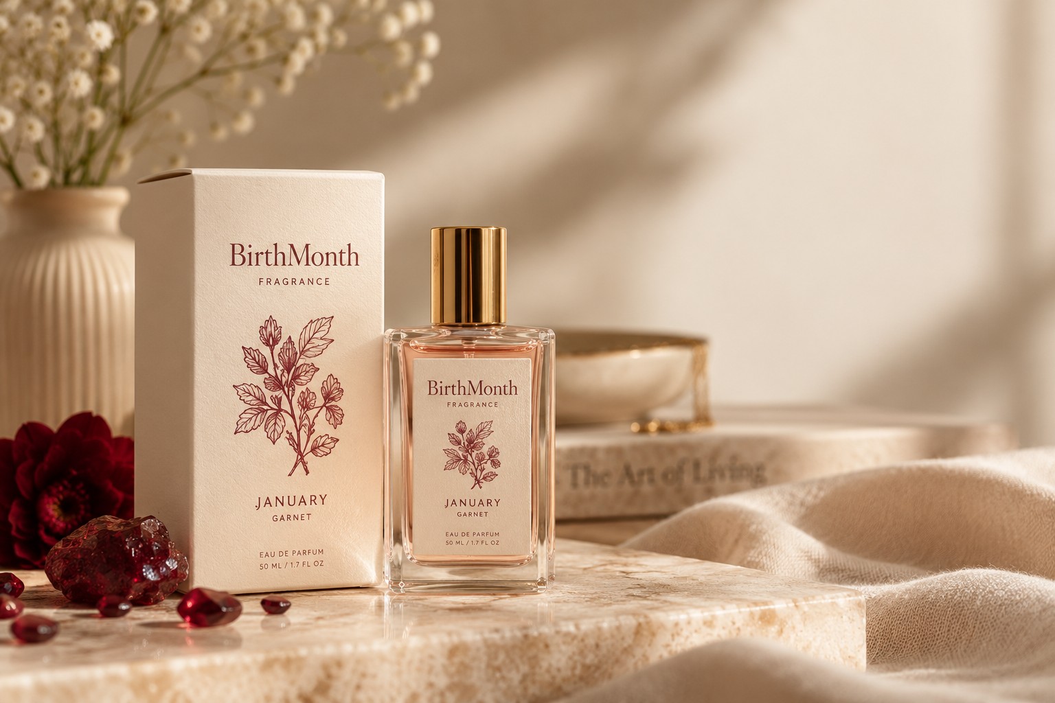 BirthMonth January Garnet eau de parfum bottle and box on warm travertine with garnet crystals and baby's breath