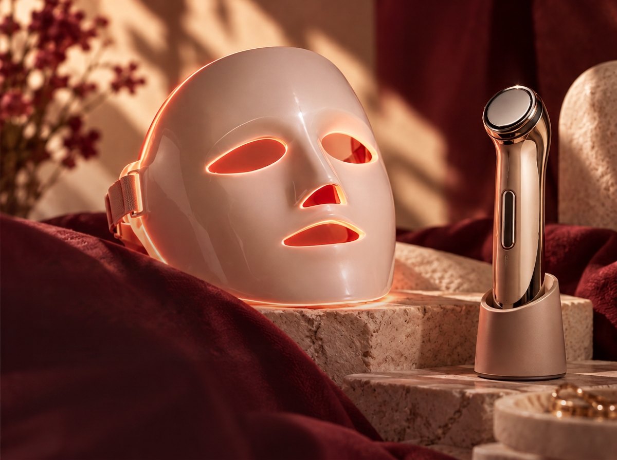 Glowing LED face mask beside a rose-gold beauty device