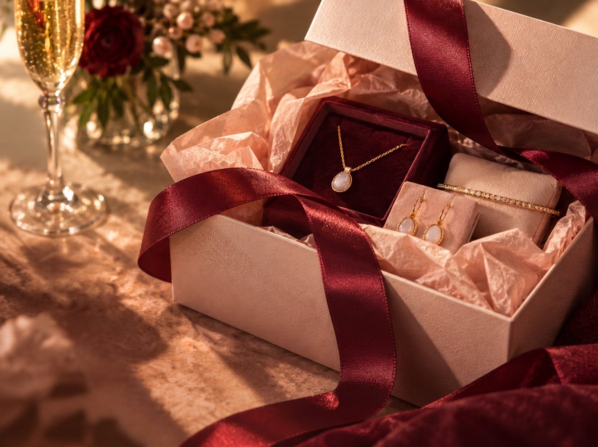 Open gift box with burgundy ribbon, necklace, earrings and bracelet