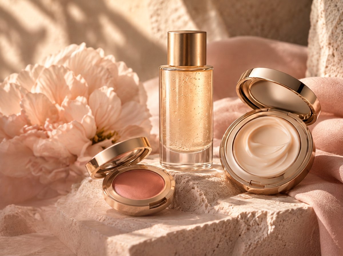 Gold-capped serum, blush and cream compacts on warm stone